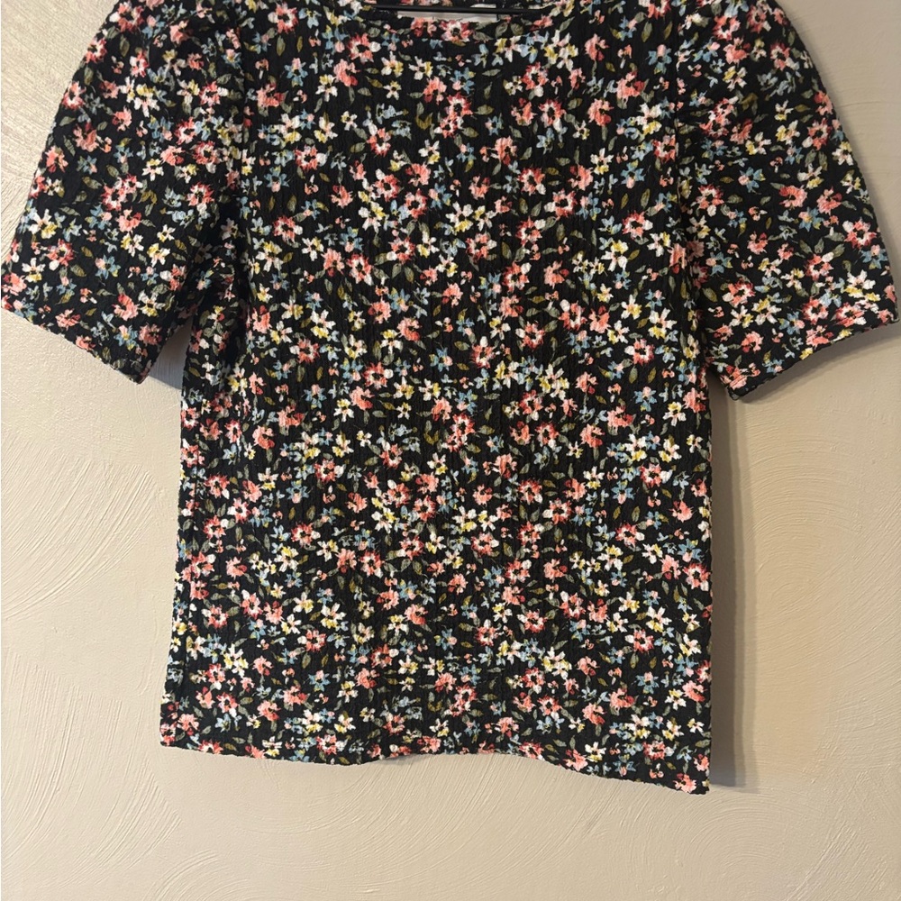 LOFT Black Floral Smocked Short Sleeve Top with Pink & White Flowers